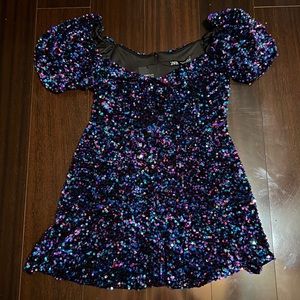 🆕 ZARA Blogger Favorite Sequin Skater Mini Dress in Blue and Purple SZ L
